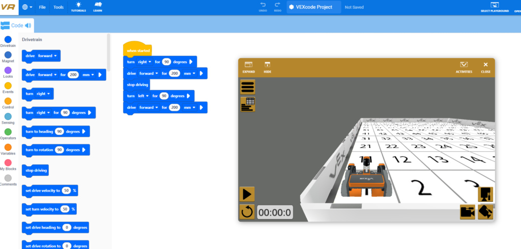 Screenshot of VEXcode VR interface showing a coding workspace and simulation area. The left side of the screen displays a block-based code sequence with commands such as 'turn right,' 'drive forward,' and 'stop driving.' The right side features a 3D simulation of a virtual VEX robot positioned on a numbered grid. The robot is facing forward, ready to execute the programmed commands. Control and navigation options are visible in the simulation panel.