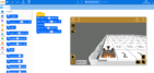 Screenshot of VEXcode VR interface showing a coding workspace and simulation area. The left side of the screen displays a block-based code sequence with commands such as 'turn right,' 'drive forward,' and 'stop driving.' The right side features a 3D simulation of a virtual VEX robot positioned on a numbered grid. The robot is facing forward, ready to execute the programmed commands. Control and navigation options are visible in the simulation panel.